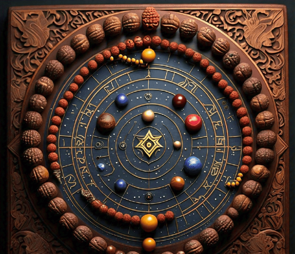 An astrological chart highlighting the influence of planets, with Rudraksha beads placed strategically around it